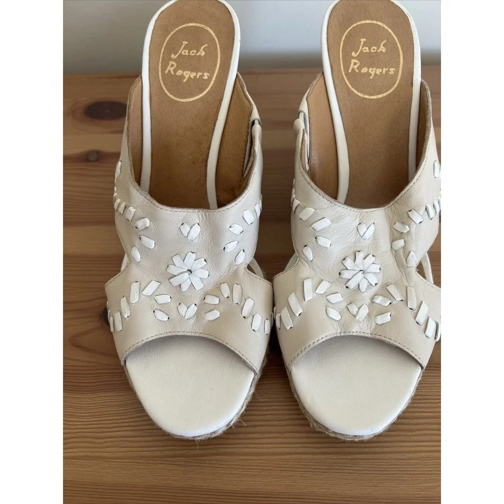 Jack Rogers Leather Slide Wedge Heel Sandals Shoes Women's 7.5 Tan White Cute